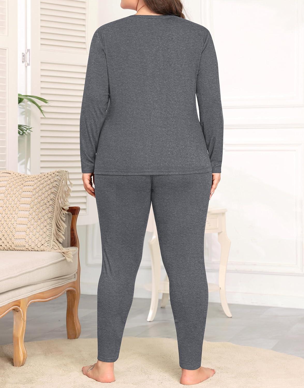 imageSWOMOG Plus Size Thermal Underwear Sets for Women Long Johns Base Layer Set 2 Pcs Underwear Top amp Bottom Pajama SetDark Gray