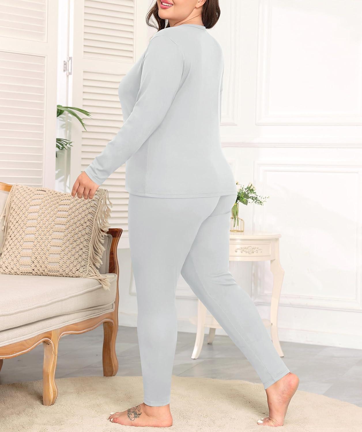 imageSWOMOG Plus Size Thermal Underwear Sets for Women Long Johns Base Layer Set 2 Pcs Underwear Top amp Bottom Pajama SetGray