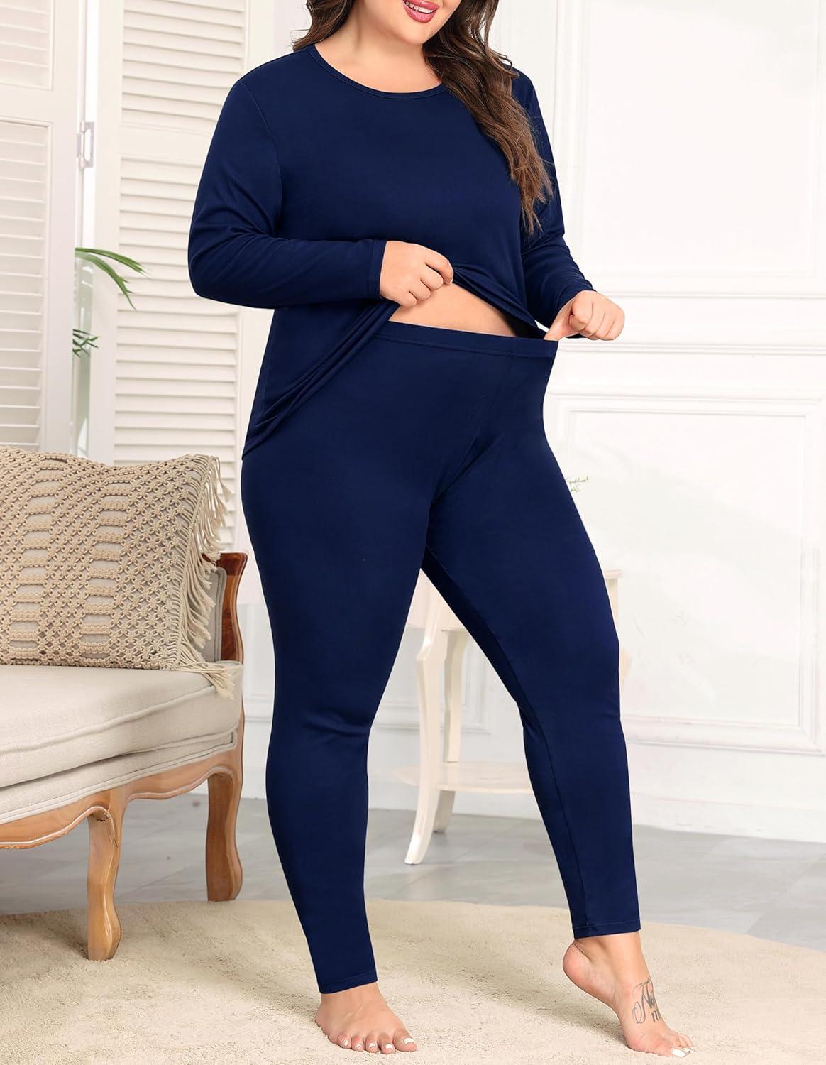 imageSWOMOG Plus Size Thermal Underwear Sets for Women Long Johns Base Layer Set 2 Pcs Underwear Top amp Bottom Pajama SetNavy Blue