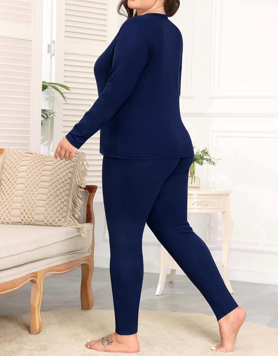 imageSWOMOG Plus Size Thermal Underwear Sets for Women Long Johns Base Layer Set 2 Pcs Underwear Top amp Bottom Pajama SetNavy Blue