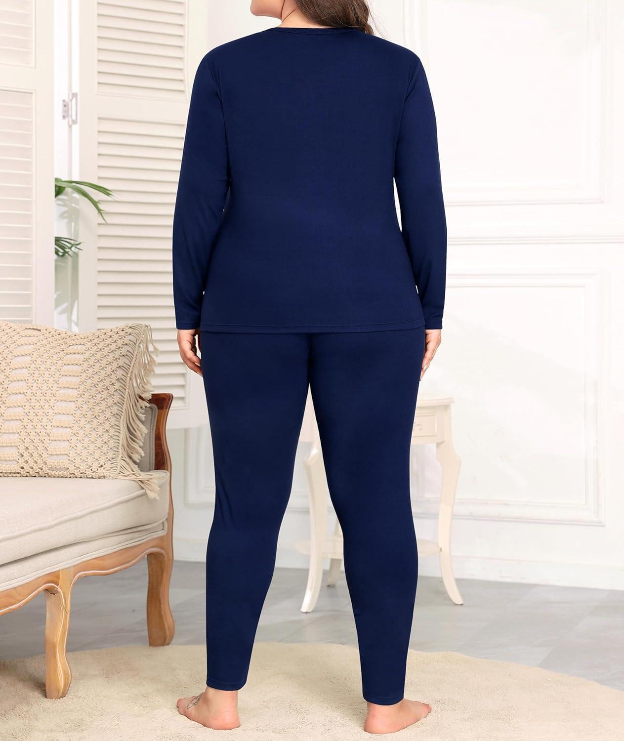 imageSWOMOG Plus Size Thermal Underwear Sets for Women Long Johns Base Layer Set 2 Pcs Underwear Top amp Bottom Pajama SetNavy Blue