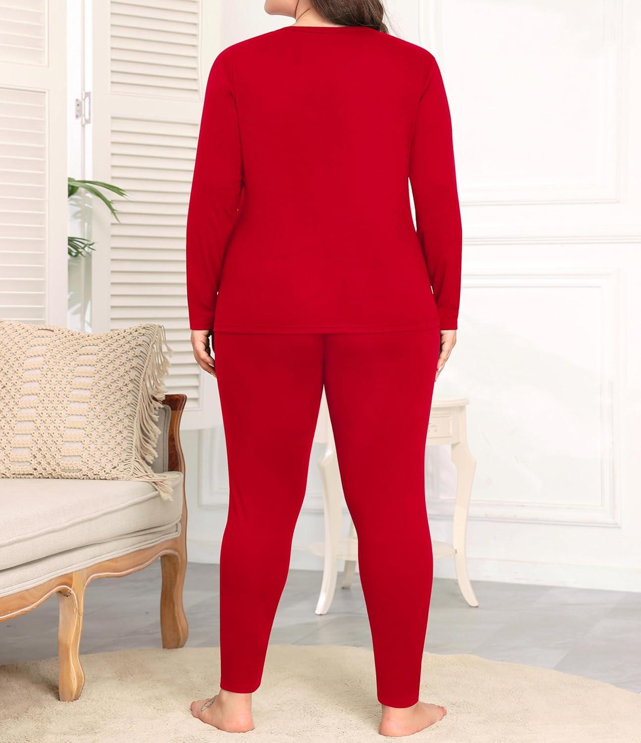 imageSWOMOG Plus Size Thermal Underwear Sets for Women Long Johns Base Layer Set 2 Pcs Underwear Top amp Bottom Pajama SetRed