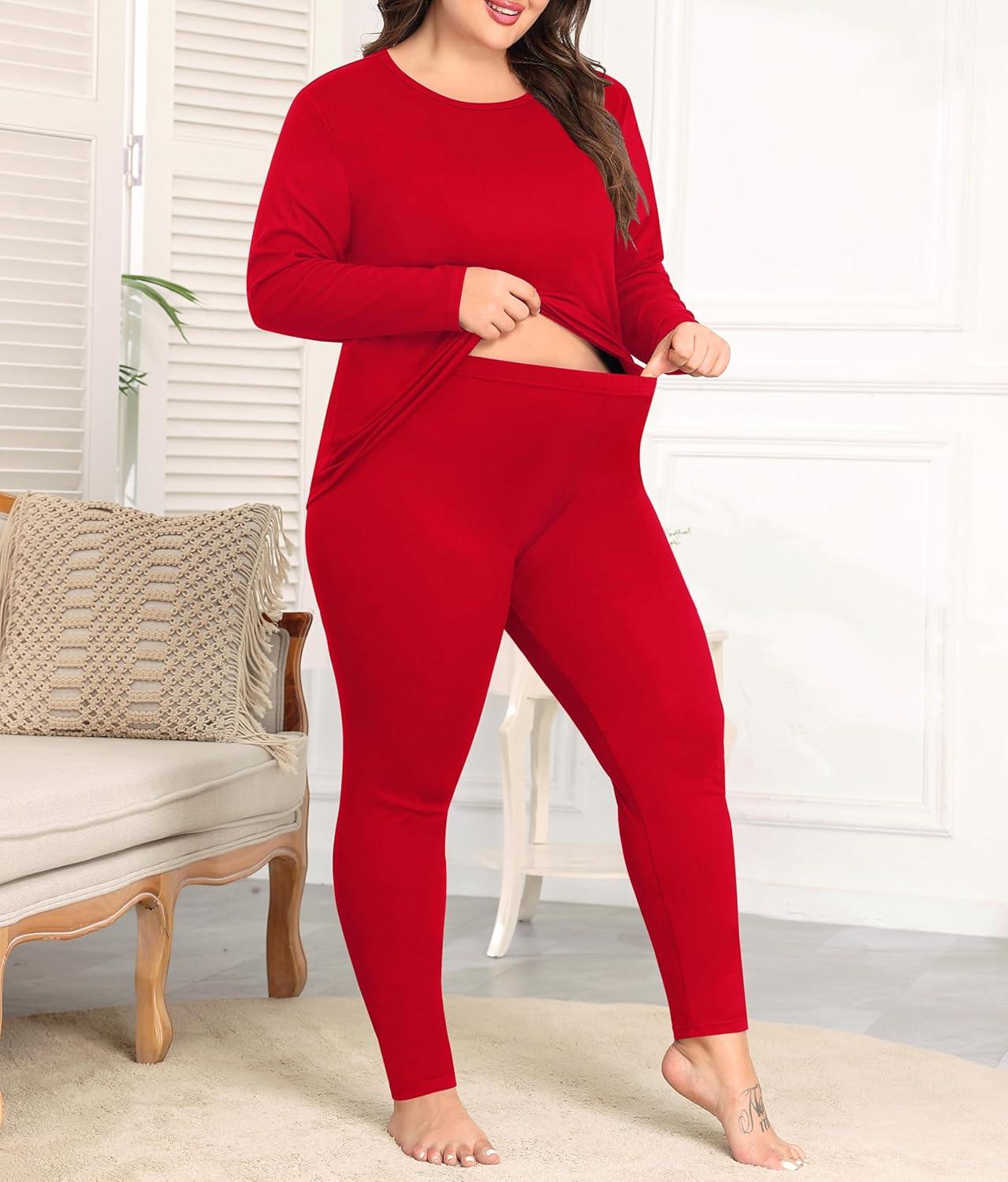 imageSWOMOG Plus Size Thermal Underwear Sets for Women Long Johns Base Layer Set 2 Pcs Underwear Top amp Bottom Pajama SetRed