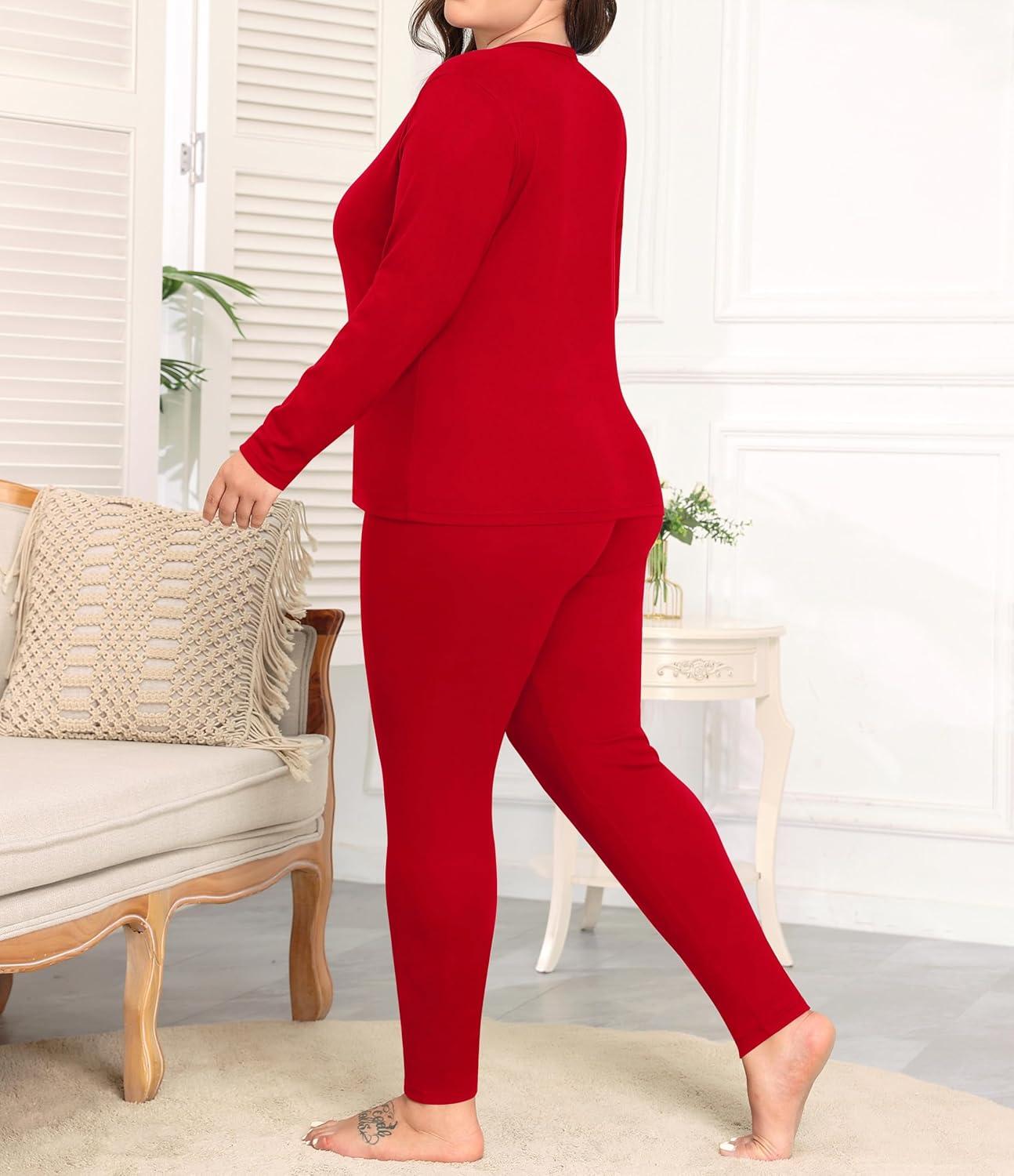 imageSWOMOG Plus Size Thermal Underwear Sets for Women Long Johns Base Layer Set 2 Pcs Underwear Top amp Bottom Pajama SetRed