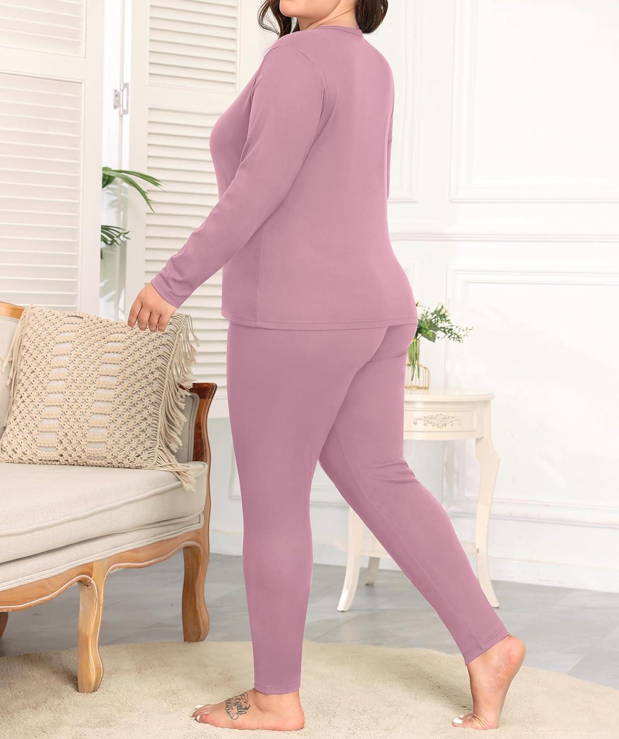 imageSWOMOG Plus Size Thermal Underwear Sets for Women Long Johns Base Layer Set 2 Pcs Underwear Top amp Bottom Pajama SetTar