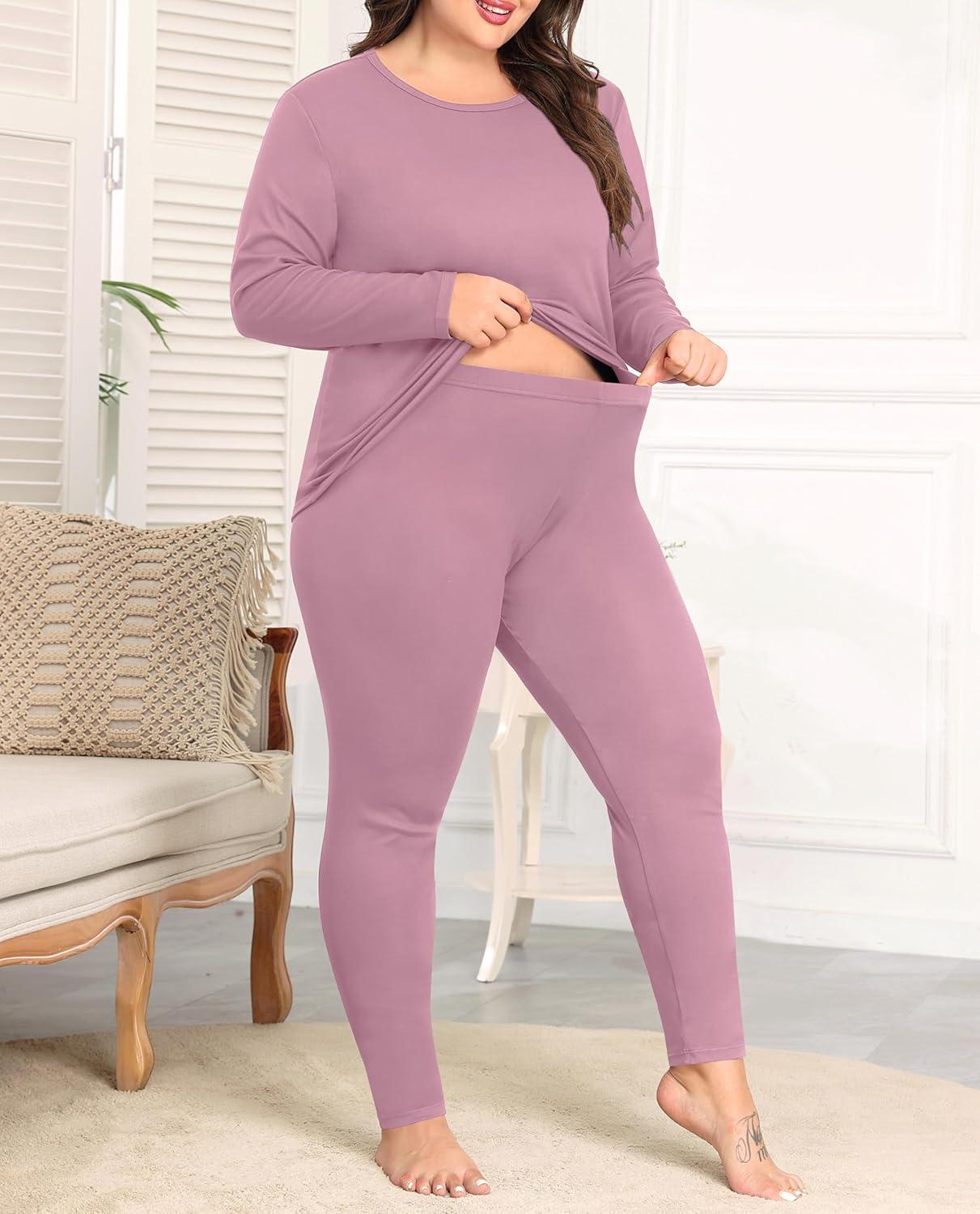imageSWOMOG Plus Size Thermal Underwear Sets for Women Long Johns Base Layer Set 2 Pcs Underwear Top amp Bottom Pajama SetTar