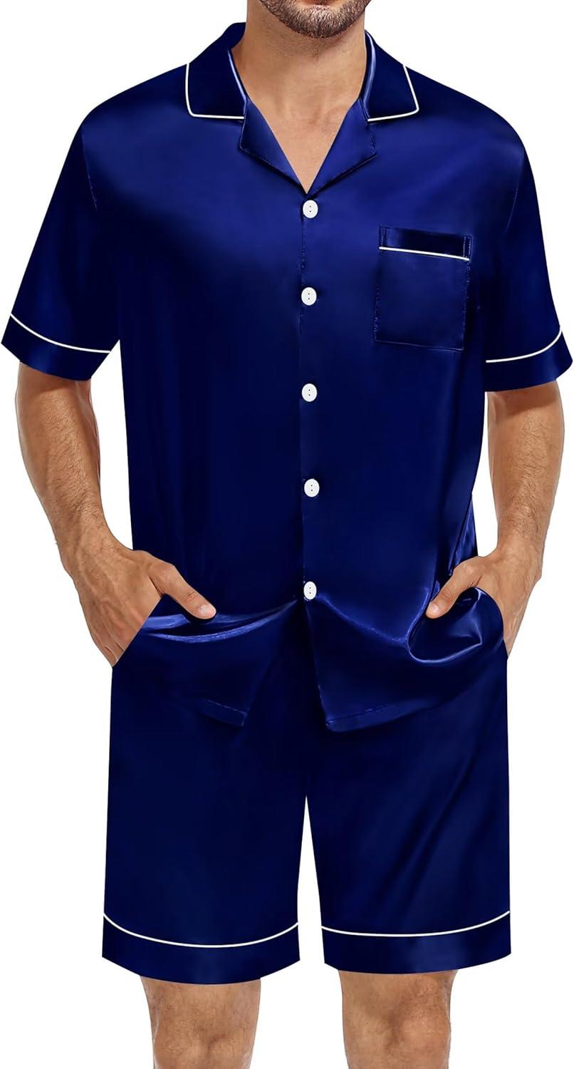 imageSWOMOG Satin Silk Pajamas Sets for Men short sleeve 2 Piece Button Down Sleepwear mens loungewear sets with pocketsDeep Navy Blue