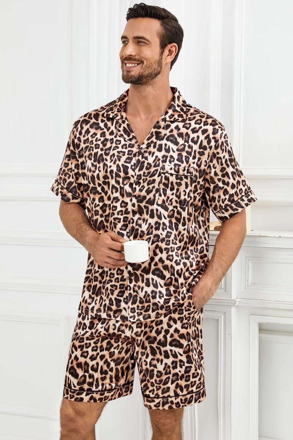 imageSWOMOG Satin Silk Pajamas Sets for Men short sleeve 2 Piece Button Down Sleepwear mens loungewear sets with pocketsLeopard Print