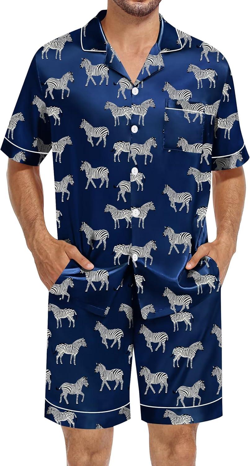 imageSWOMOG Satin Silk Pajamas Sets for Men short sleeve 2 Piece Button Down Sleepwear mens loungewear sets with pocketsNavy Blue Zebra Print