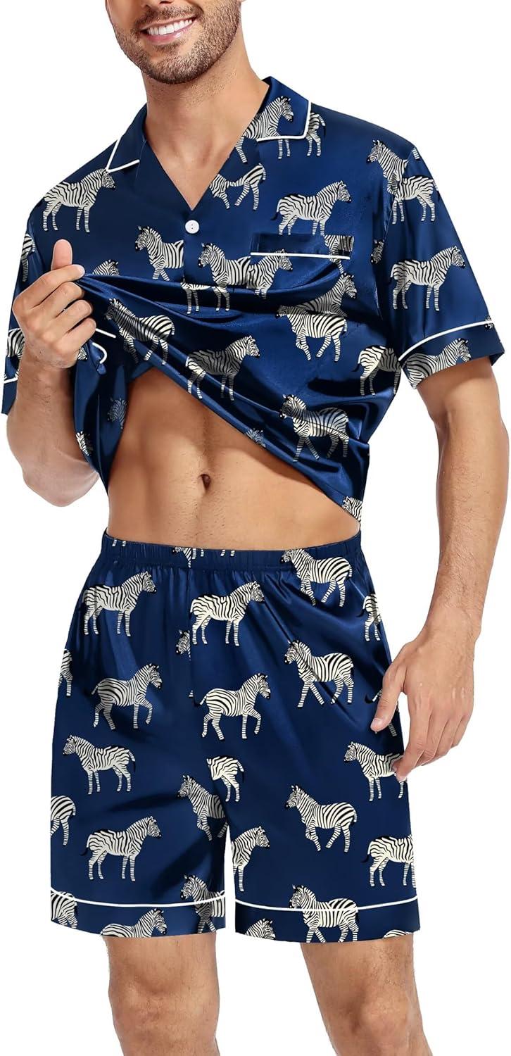 imageSWOMOG Satin Silk Pajamas Sets for Men short sleeve 2 Piece Button Down Sleepwear mens loungewear sets with pocketsNavy Blue Zebra Print