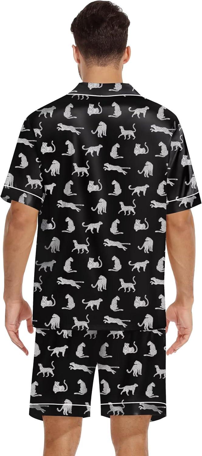 imageSWOMOG Satin Silk Pajamas Sets for Men short sleeve 2 Piece Button Down Sleepwear mens loungewear sets with pocketsWhite Leopard
