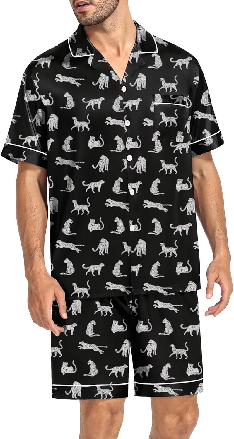 imageSWOMOG Satin Silk Pajamas Sets for Men short sleeve 2 Piece Button Down Sleepwear mens loungewear sets with pocketsWhite Leopard