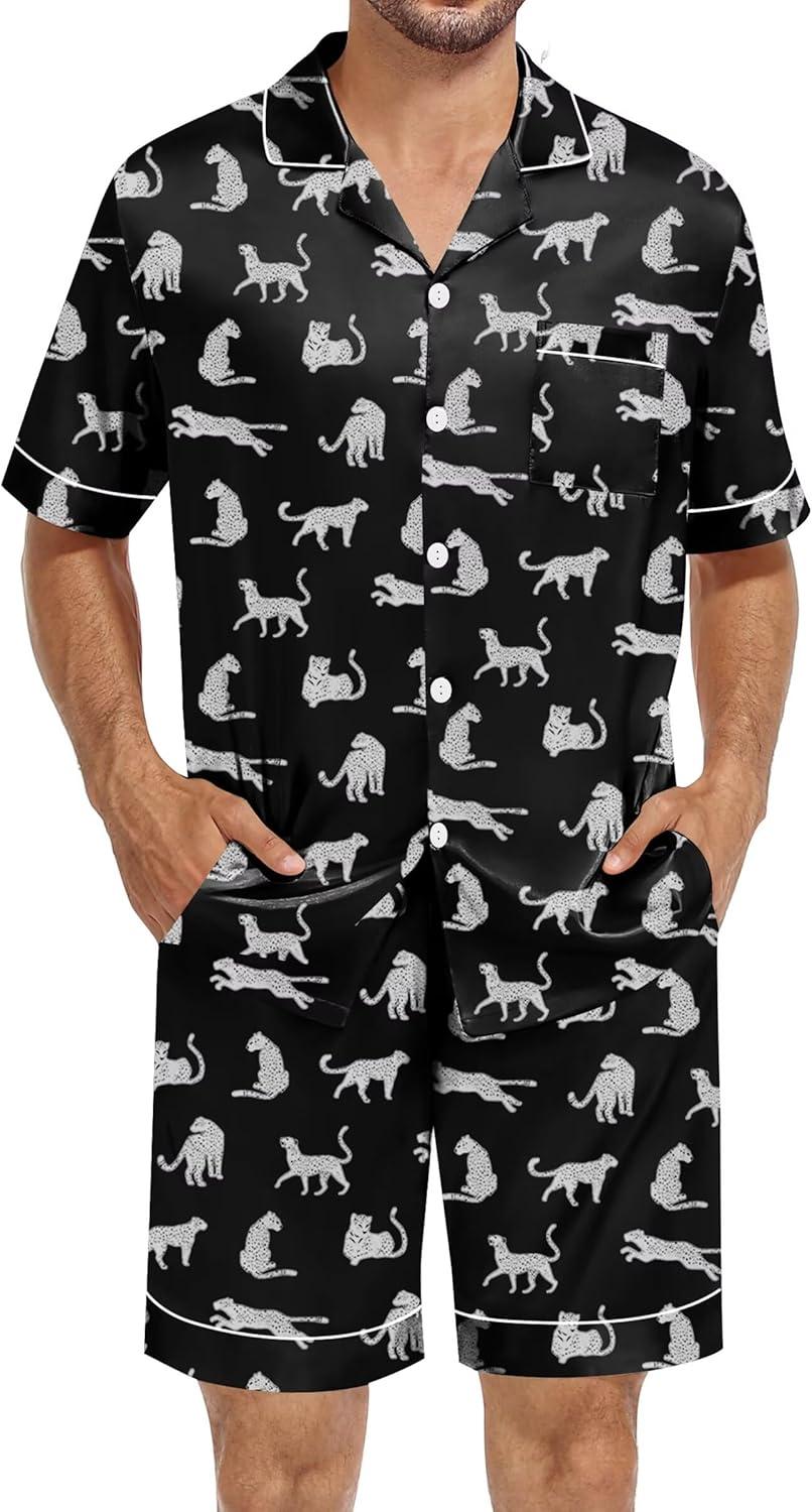 imageSWOMOG Satin Silk Pajamas Sets for Men short sleeve 2 Piece Button Down Sleepwear mens loungewear sets with pocketsWhite Leopard