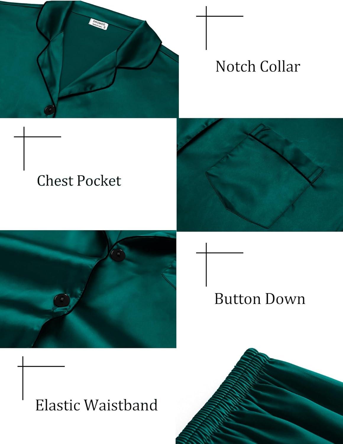 imageSWOMOG Women 4Pcs Silk Pajamas Set Button Down Sleepwear Loungewear Pj Sets for Ladies NightwearDeep Green