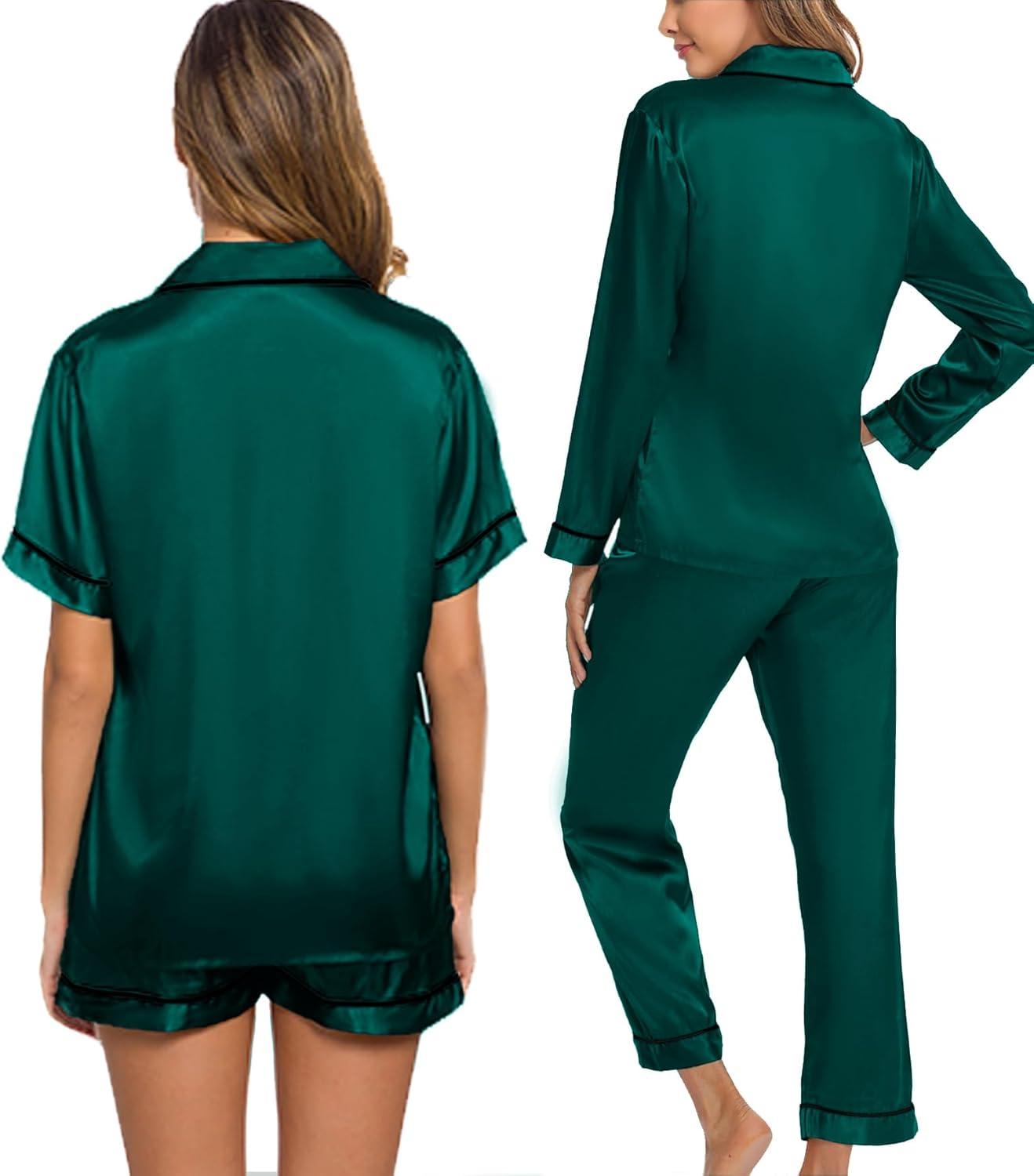 imageSWOMOG Women 4Pcs Silk Pajamas Set Button Down Sleepwear Loungewear Pj Sets for Ladies NightwearDeep Green