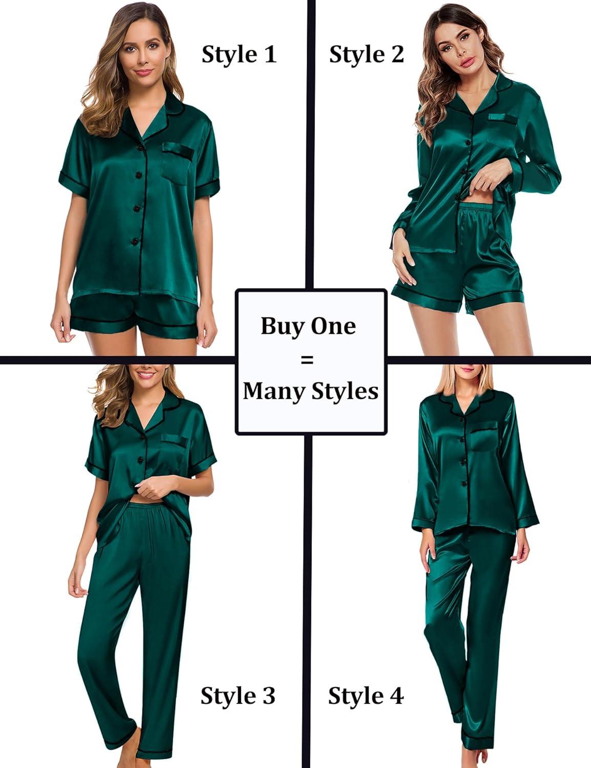imageSWOMOG Women 4Pcs Silk Pajamas Set Button Down Sleepwear Loungewear Pj Sets for Ladies NightwearDeep Green