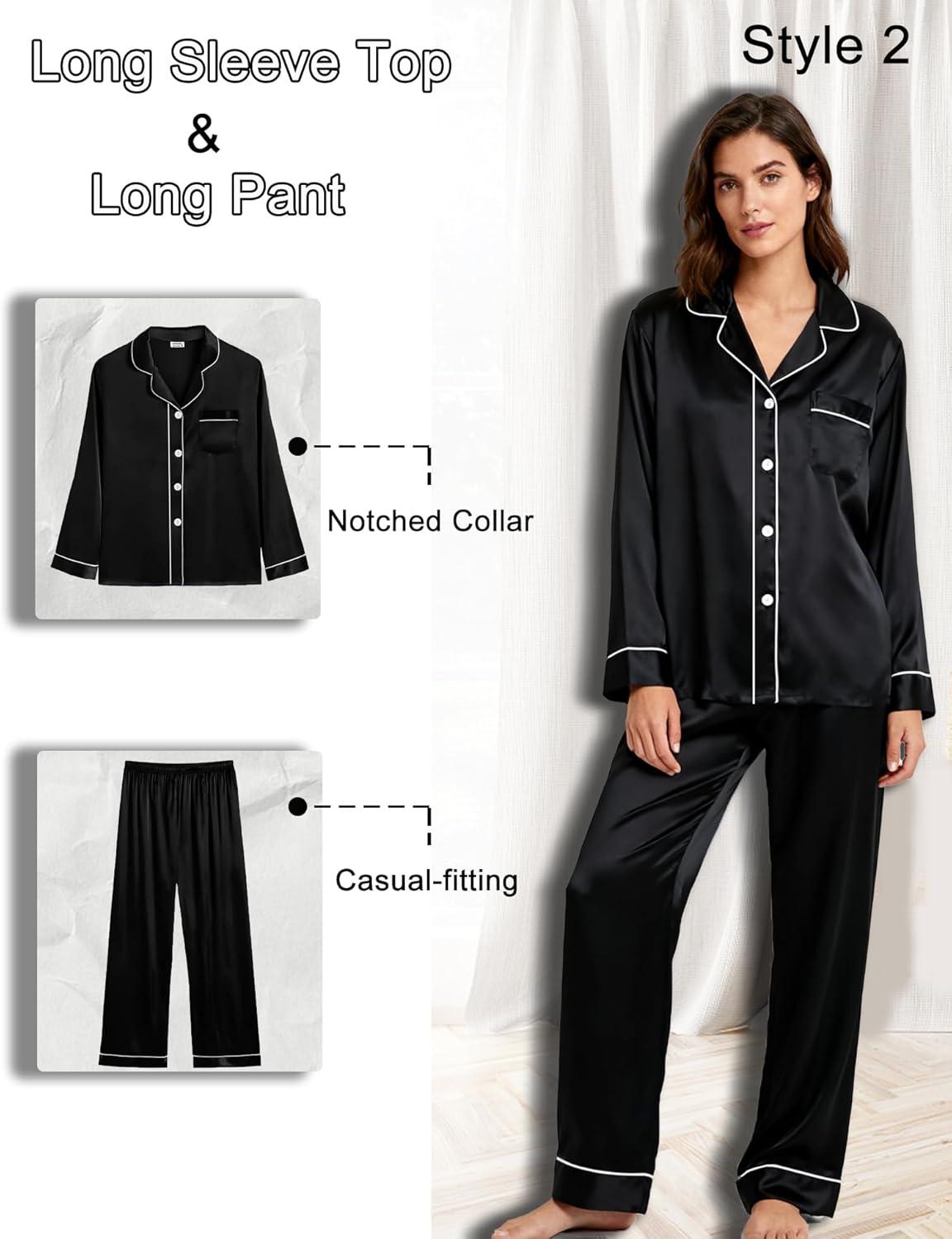 imageSWOMOG Women 4Pcs Silk Pajamas Set Button Down Sleepwear Loungewear Pj Sets for Ladies NightwearZ Double Piping Black