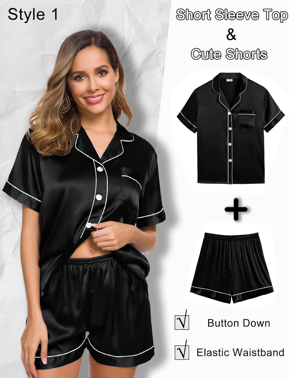 imageSWOMOG Women 4Pcs Silk Pajamas Set Button Down Sleepwear Loungewear Pj Sets for Ladies NightwearZ Double Piping Black