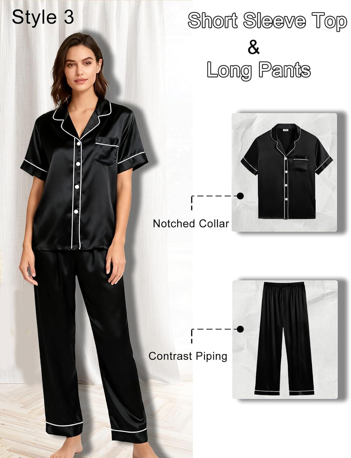 imageSWOMOG Women 4Pcs Silk Pajamas Set Button Down Sleepwear Loungewear Pj Sets for Ladies NightwearZ Double Piping Black