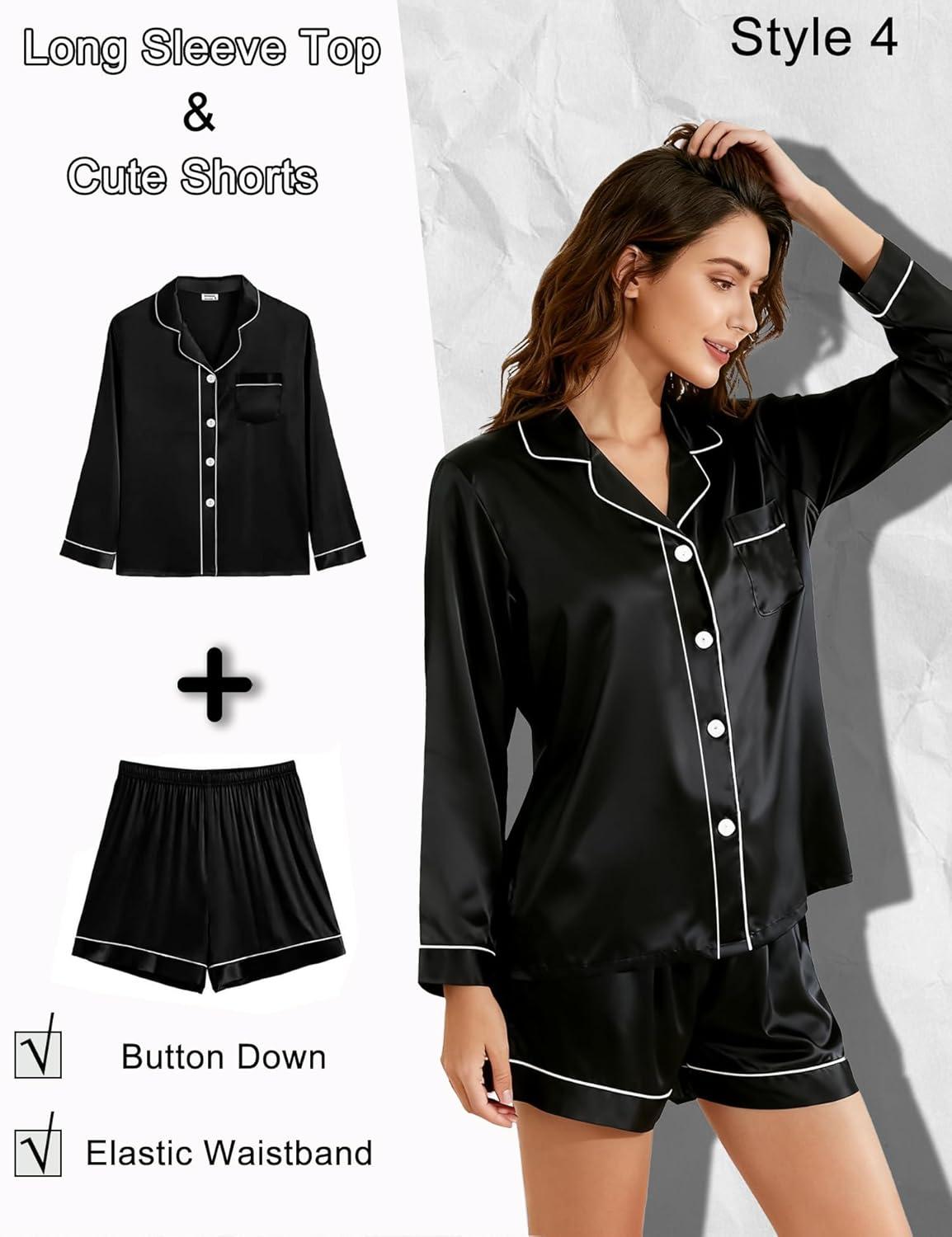 imageSWOMOG Women 4Pcs Silk Pajamas Set Button Down Sleepwear Loungewear Pj Sets for Ladies NightwearZ Double Piping Black
