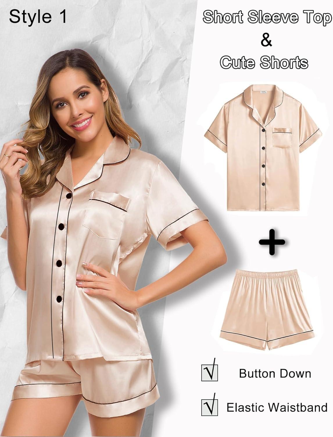 imageSWOMOG Women 4Pcs Silk Pajamas Set Button Down Sleepwear Loungewear Pj Sets for Ladies NightwearZ Double Piping Champagne