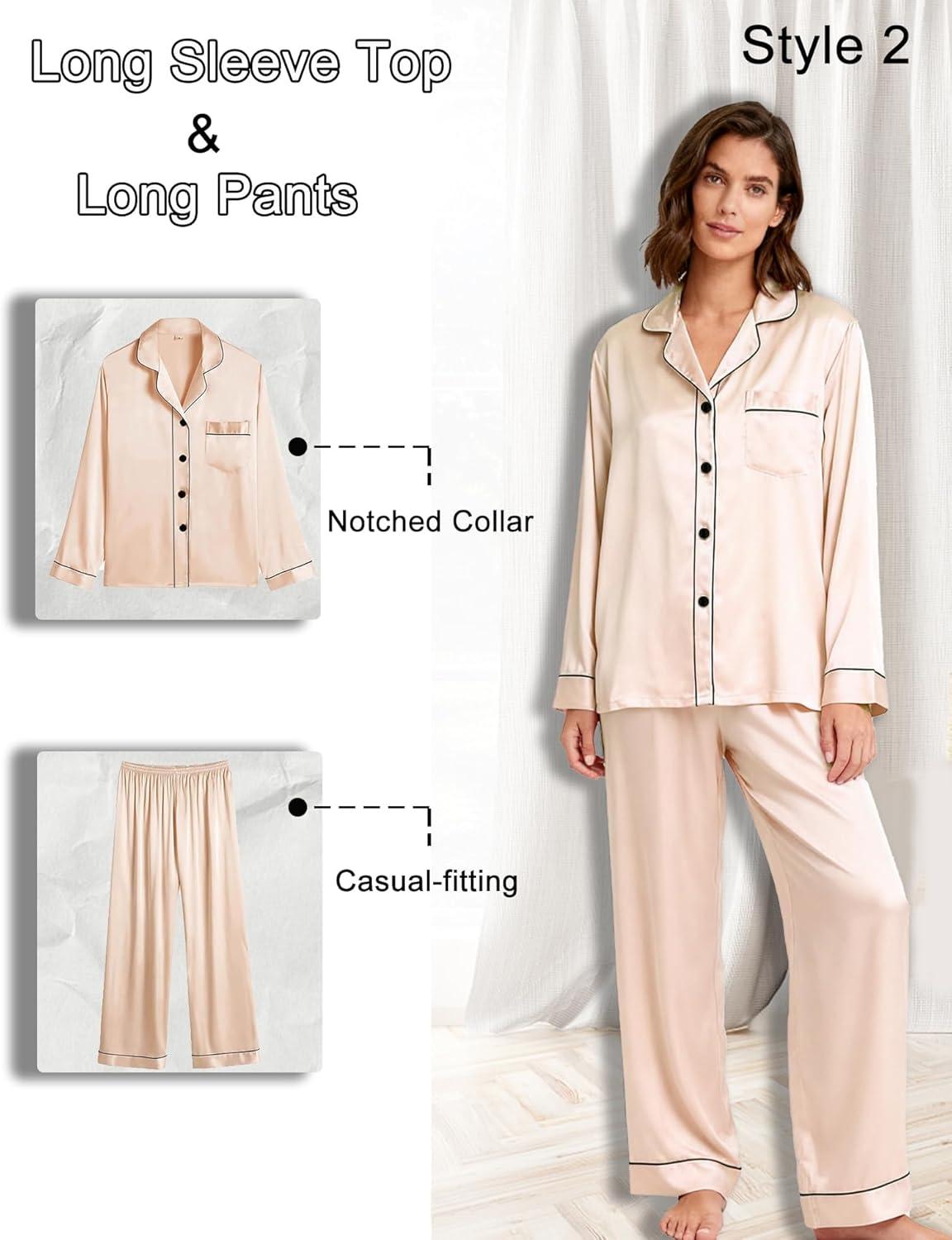 imageSWOMOG Women 4Pcs Silk Pajamas Set Button Down Sleepwear Loungewear Pj Sets for Ladies NightwearZ Double Piping Champagne
