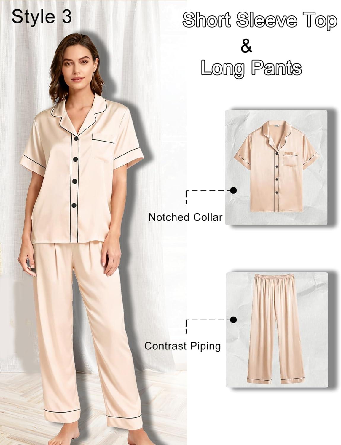 imageSWOMOG Women 4Pcs Silk Pajamas Set Button Down Sleepwear Loungewear Pj Sets for Ladies NightwearZ Double Piping Champagne