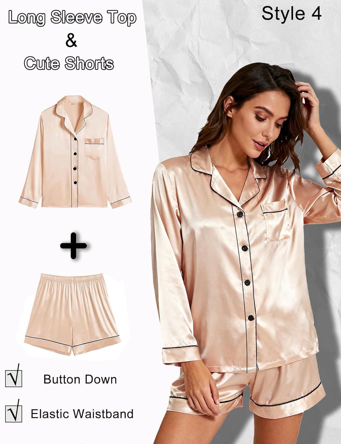 imageSWOMOG Women 4Pcs Silk Pajamas Set Button Down Sleepwear Loungewear Pj Sets for Ladies NightwearZ Double Piping Champagne
