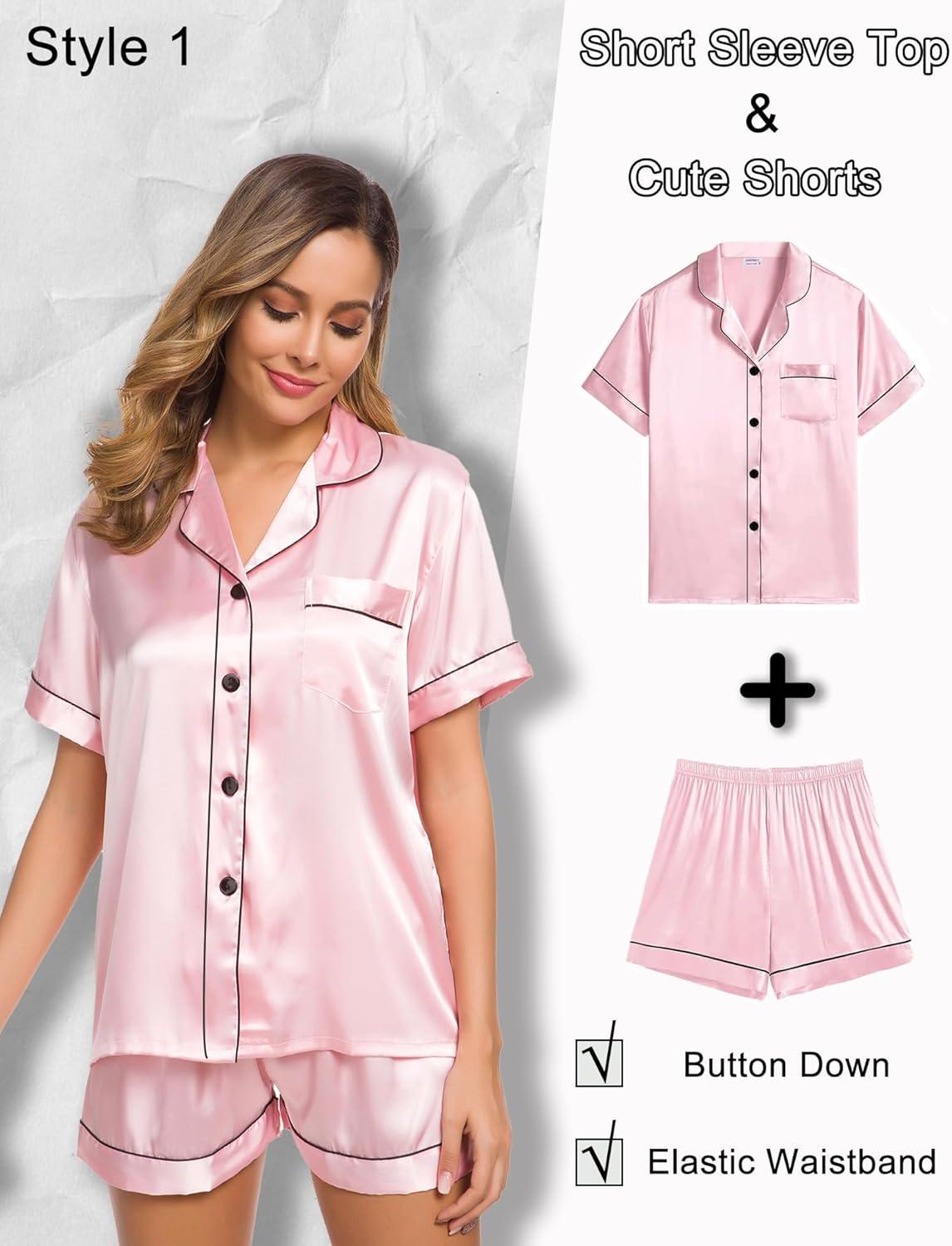 imageSWOMOG Women 4Pcs Silk Pajamas Set Button Down Sleepwear Loungewear Pj Sets for Ladies NightwearZ Double Piping Pink