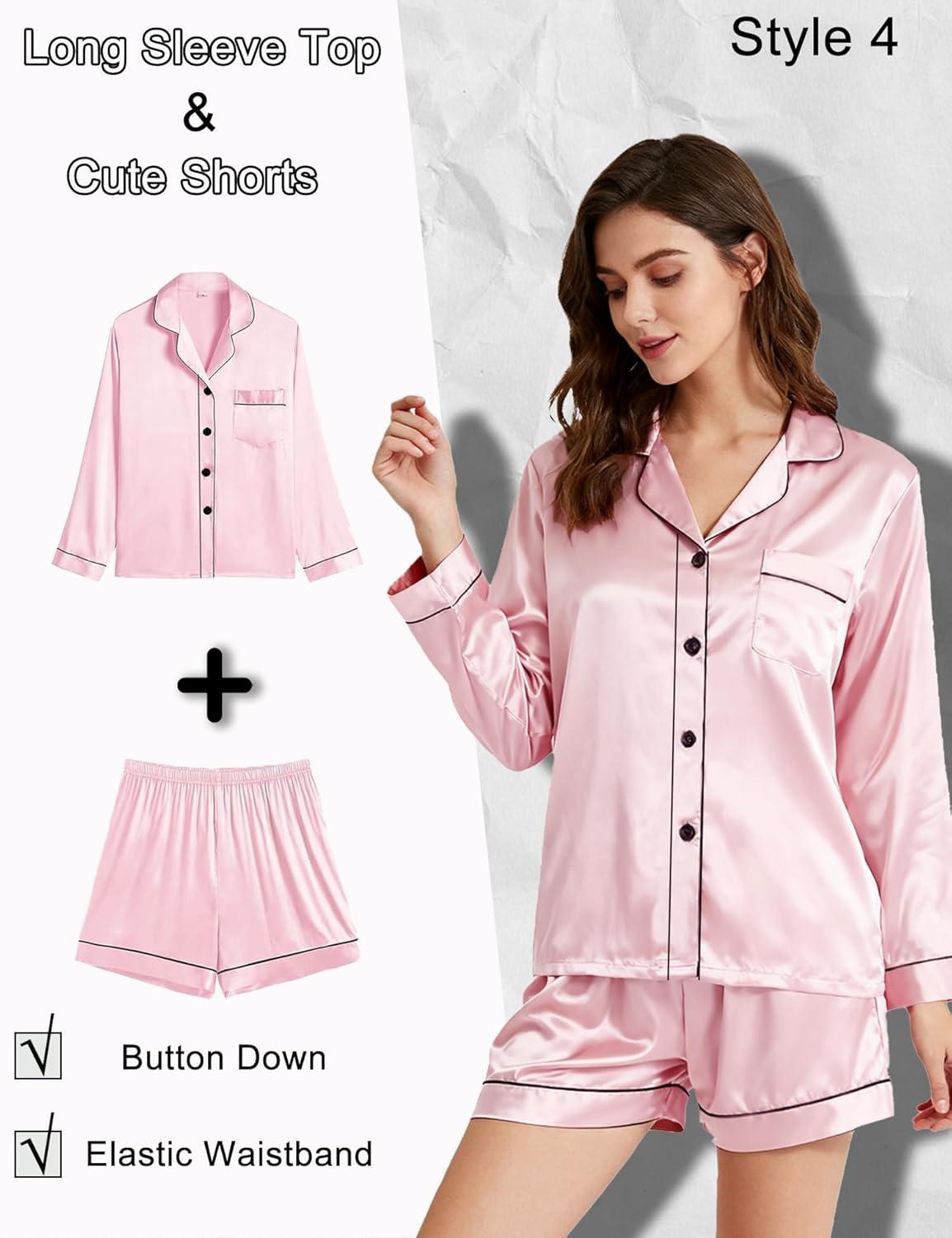 imageSWOMOG Women 4Pcs Silk Pajamas Set Button Down Sleepwear Loungewear Pj Sets for Ladies NightwearZ Double Piping Pink