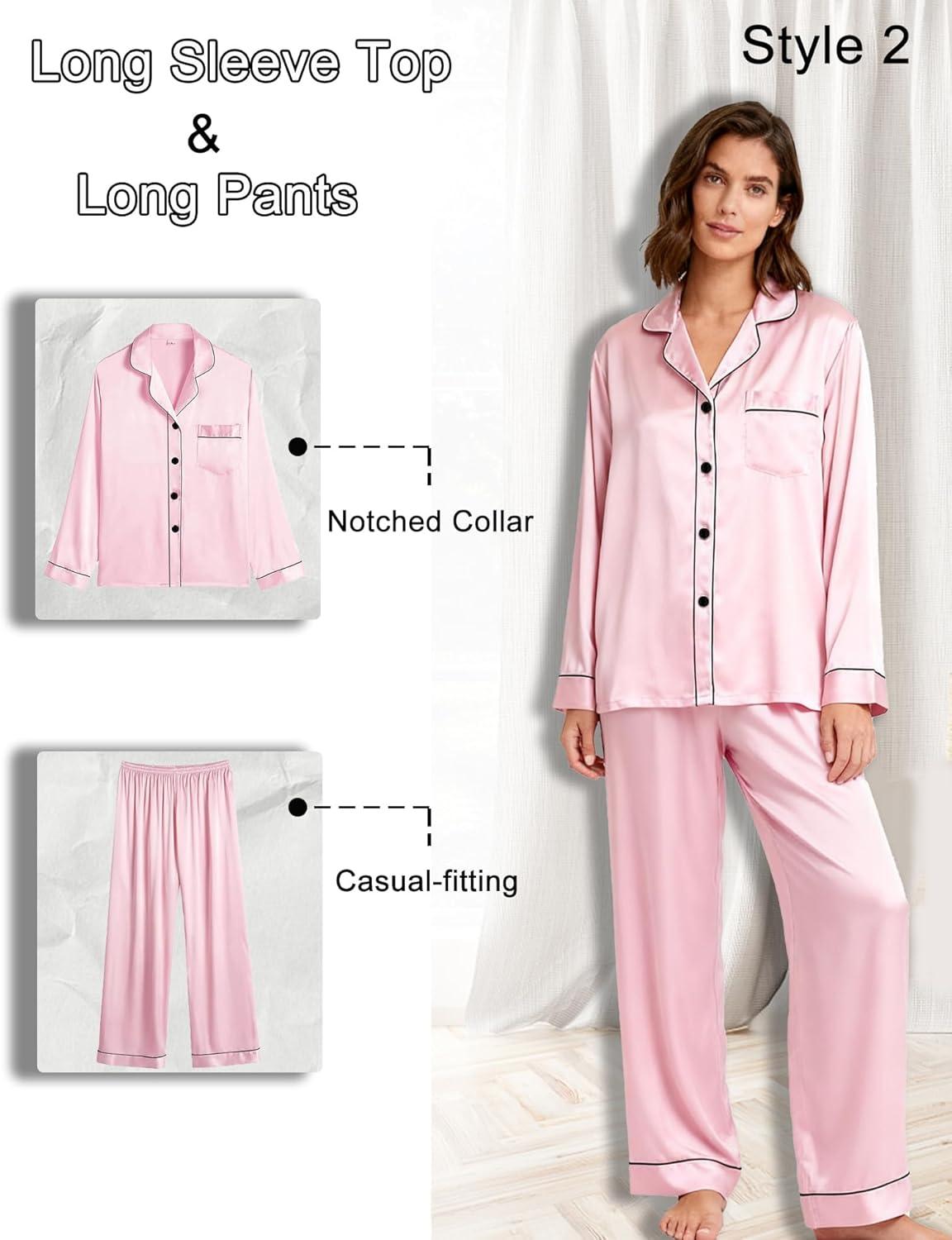 imageSWOMOG Women 4Pcs Silk Pajamas Set Button Down Sleepwear Loungewear Pj Sets for Ladies NightwearZ Double Piping Pink