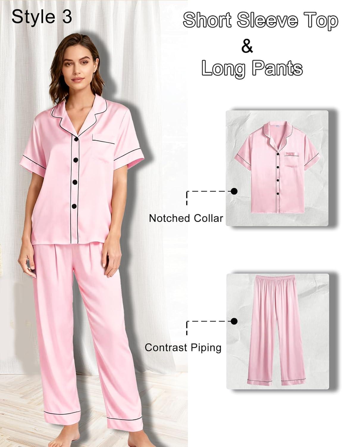imageSWOMOG Women 4Pcs Silk Pajamas Set Button Down Sleepwear Loungewear Pj Sets for Ladies NightwearZ Double Piping Pink