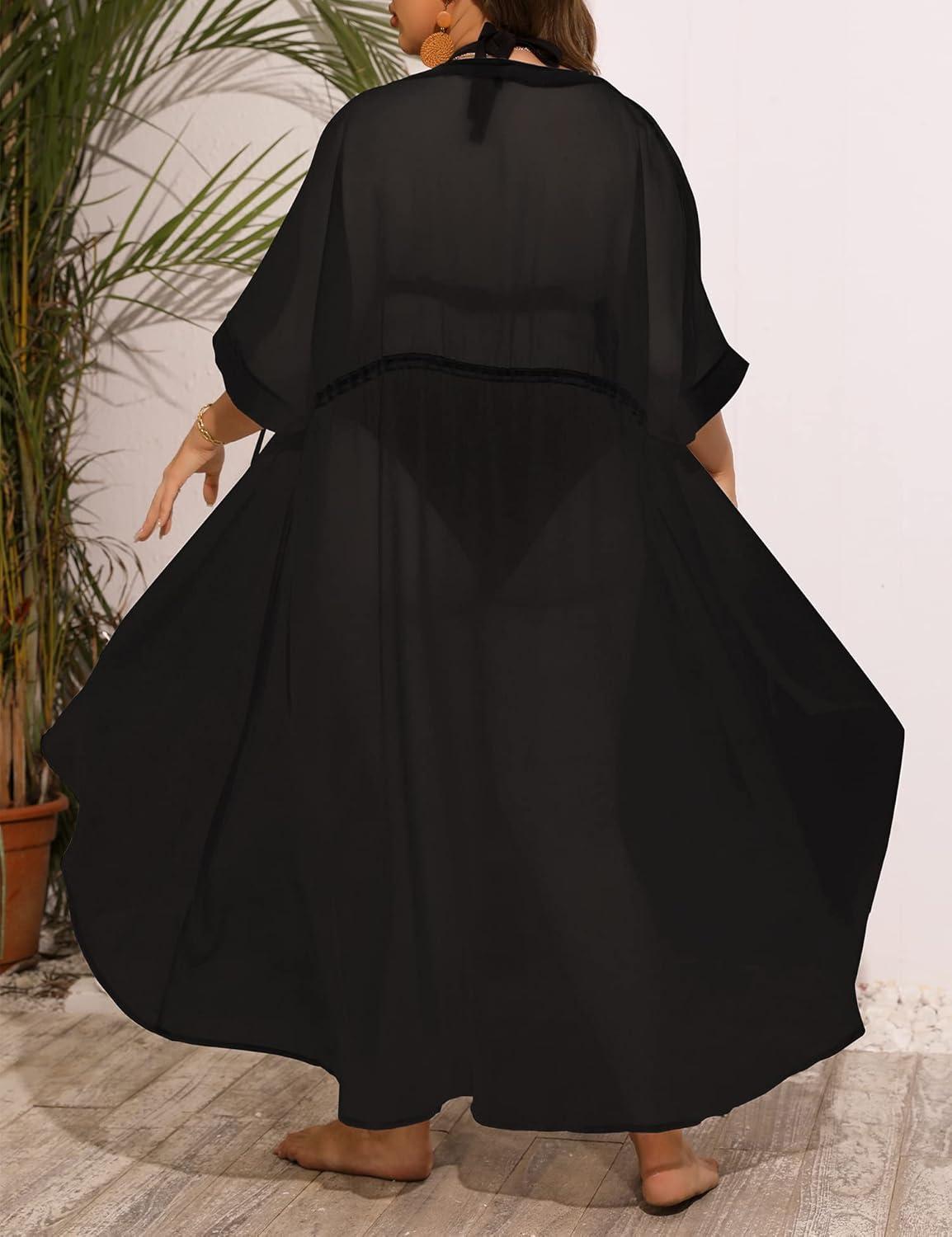 imageSWOMOG Women Cover Ups Plus Size Swimsuit Chiffon Kimono Long Cardigan Open Front Bathing Suit Summer Flowy Bikini BeachwearBlack
