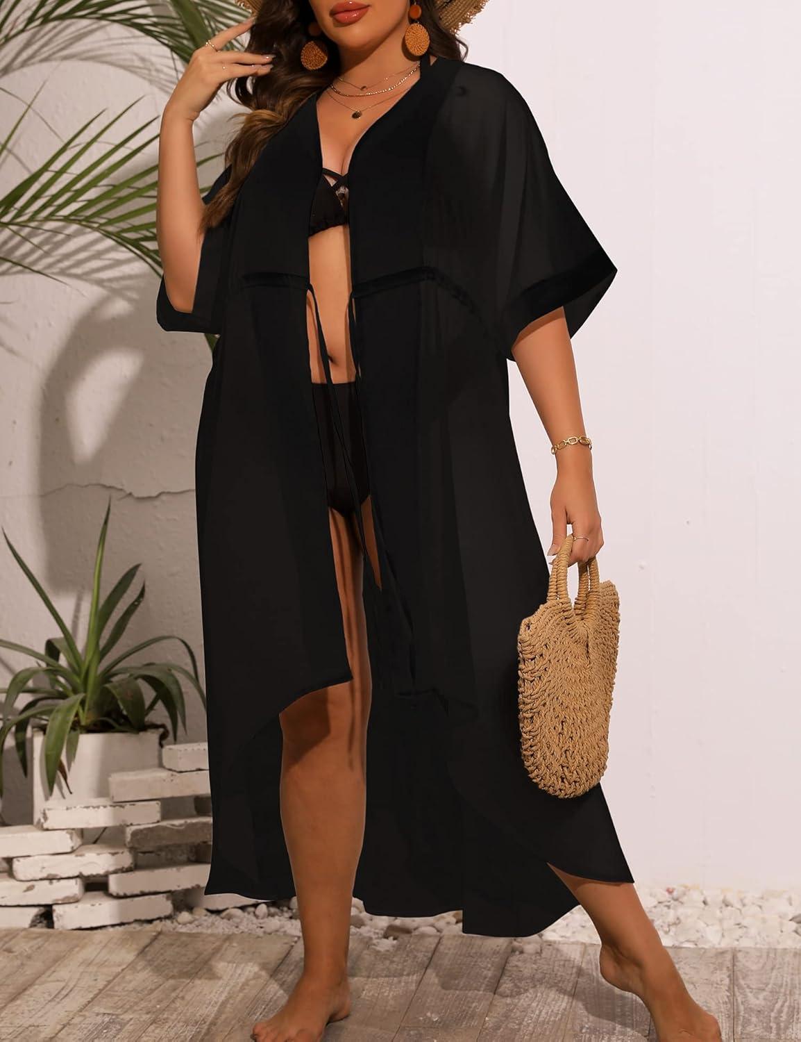 imageSWOMOG Women Cover Ups Plus Size Swimsuit Chiffon Kimono Long Cardigan Open Front Bathing Suit Summer Flowy Bikini BeachwearBlack