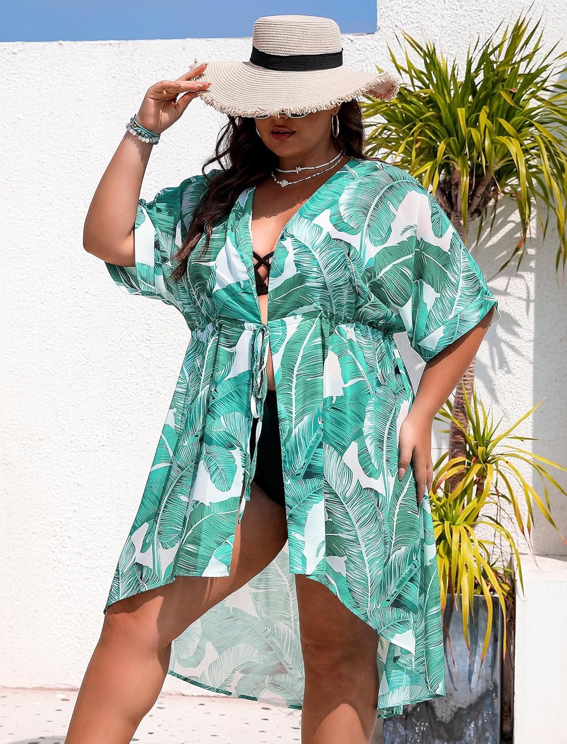 imageSWOMOG Women Cover Ups Plus Size Swimsuit Chiffon Kimono Long Cardigan Open Front Bathing Suit Summer Flowy Bikini BeachwearGreen Leaf