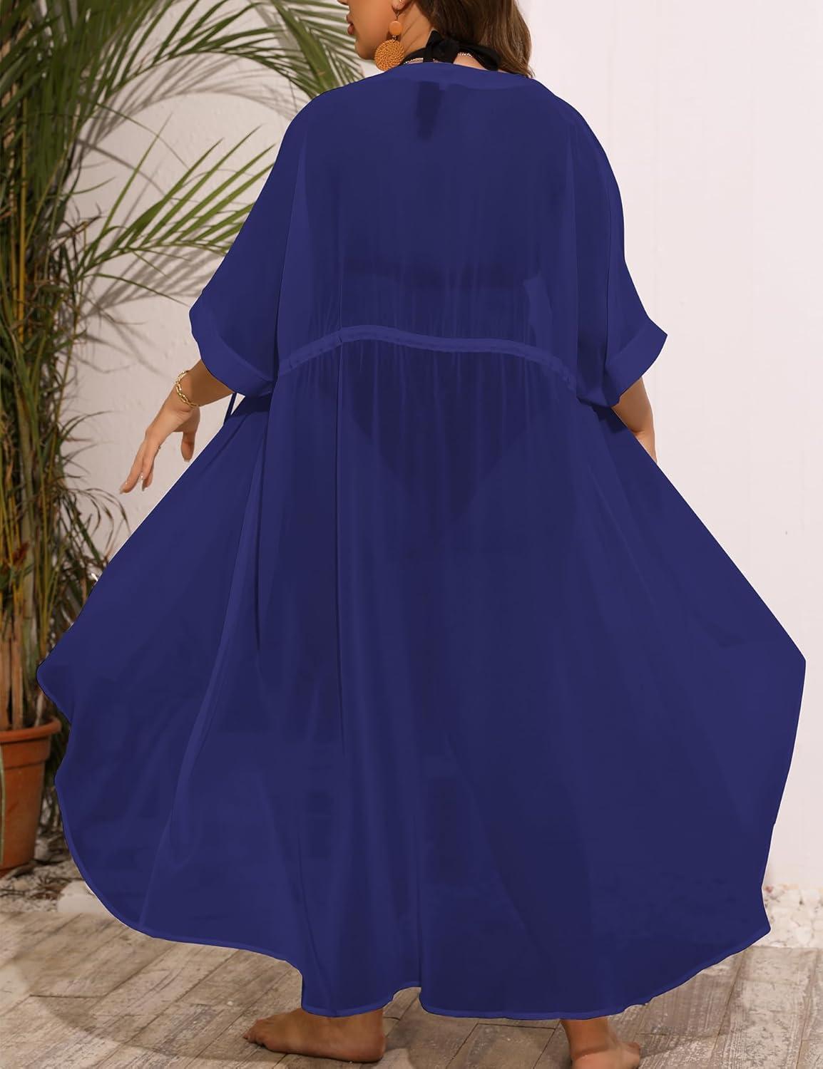 imageSWOMOG Women Cover Ups Plus Size Swimsuit Chiffon Kimono Long Cardigan Open Front Bathing Suit Summer Flowy Bikini BeachwearNavy Blue