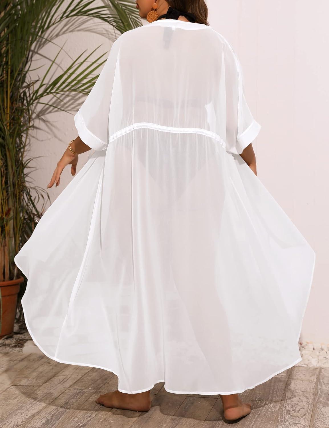 imageSWOMOG Women Cover Ups Plus Size Swimsuit Chiffon Kimono Long Cardigan Open Front Bathing Suit Summer Flowy Bikini BeachwearWhite
