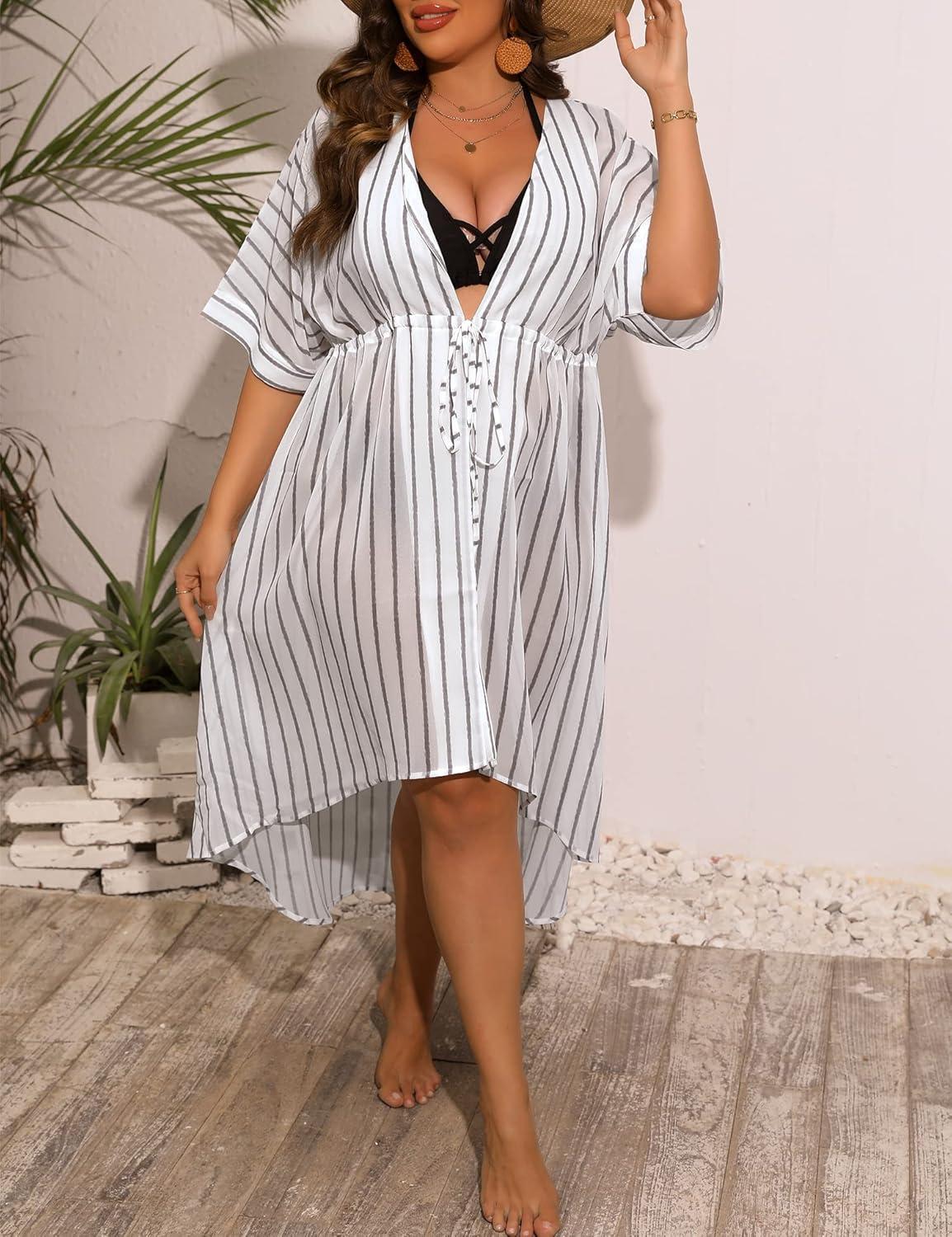 imageSWOMOG Women Cover Ups Plus Size Swimsuit Chiffon Kimono Long Cardigan Open Front Bathing Suit Summer Flowy Bikini BeachwearWhite Stripe