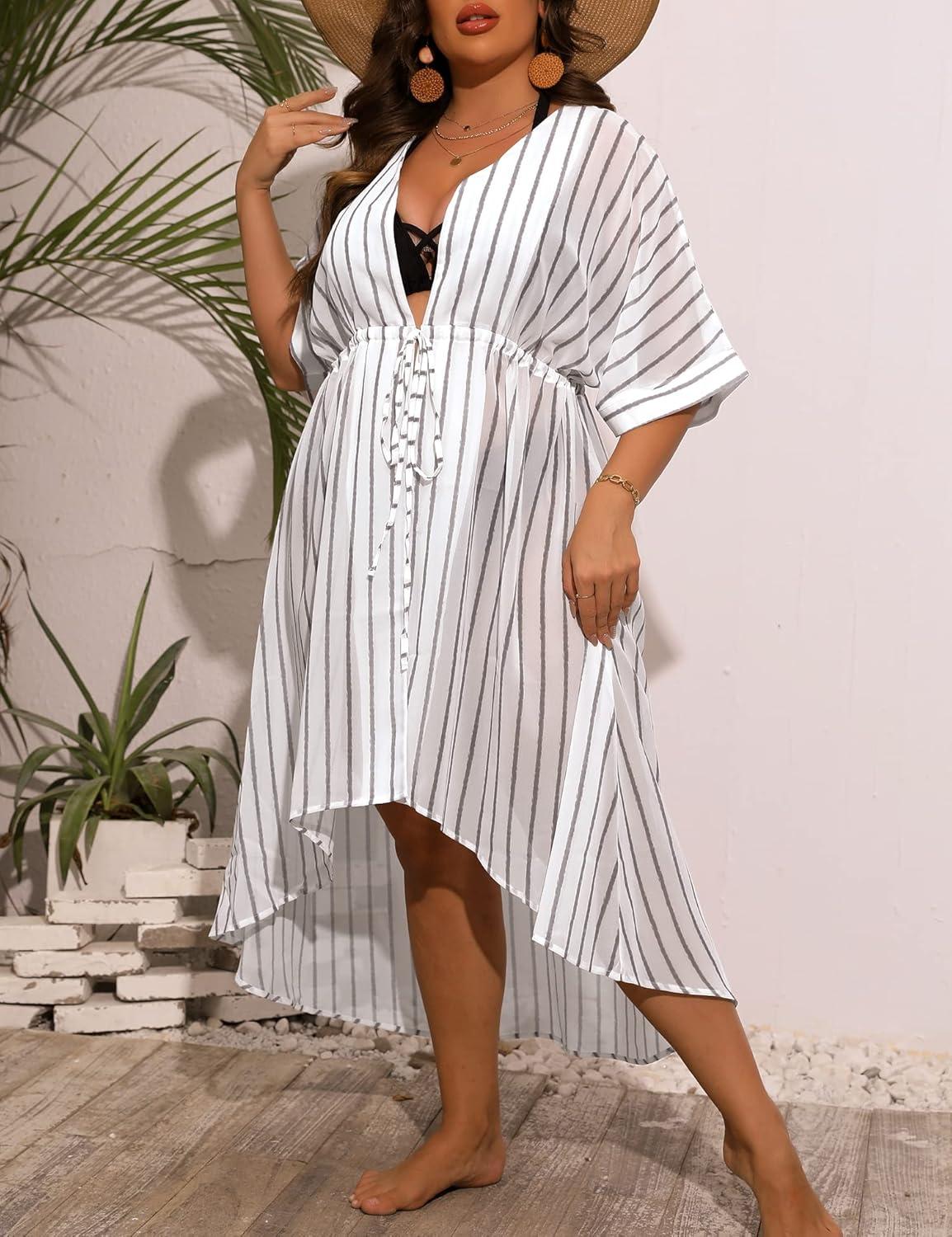 imageSWOMOG Women Cover Ups Plus Size Swimsuit Chiffon Kimono Long Cardigan Open Front Bathing Suit Summer Flowy Bikini BeachwearWhite Stripe