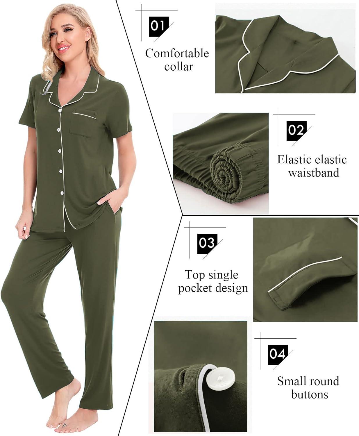 imageSWOMOG Women Pajama Sets TwoPiece Nightwear Short Sleeve Sleepwear Button Down Pj Lounge Sets with Long PantsArmy Green