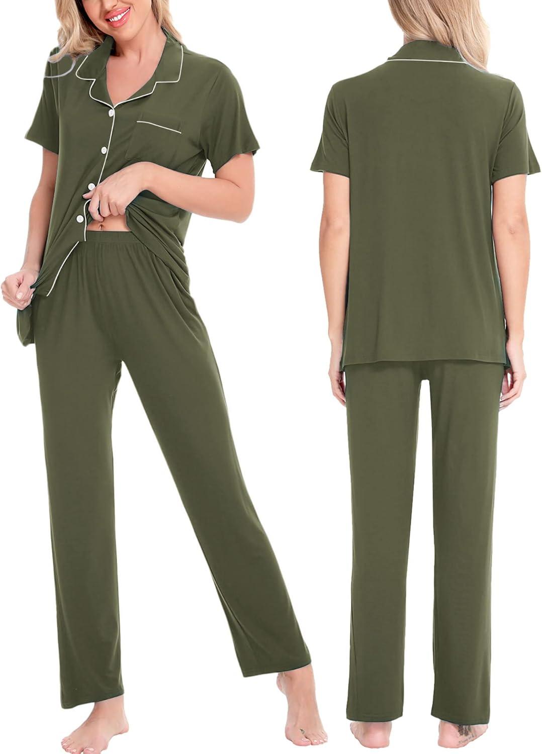 imageSWOMOG Women Pajama Sets TwoPiece Nightwear Short Sleeve Sleepwear Button Down Pj Lounge Sets with Long PantsArmy Green