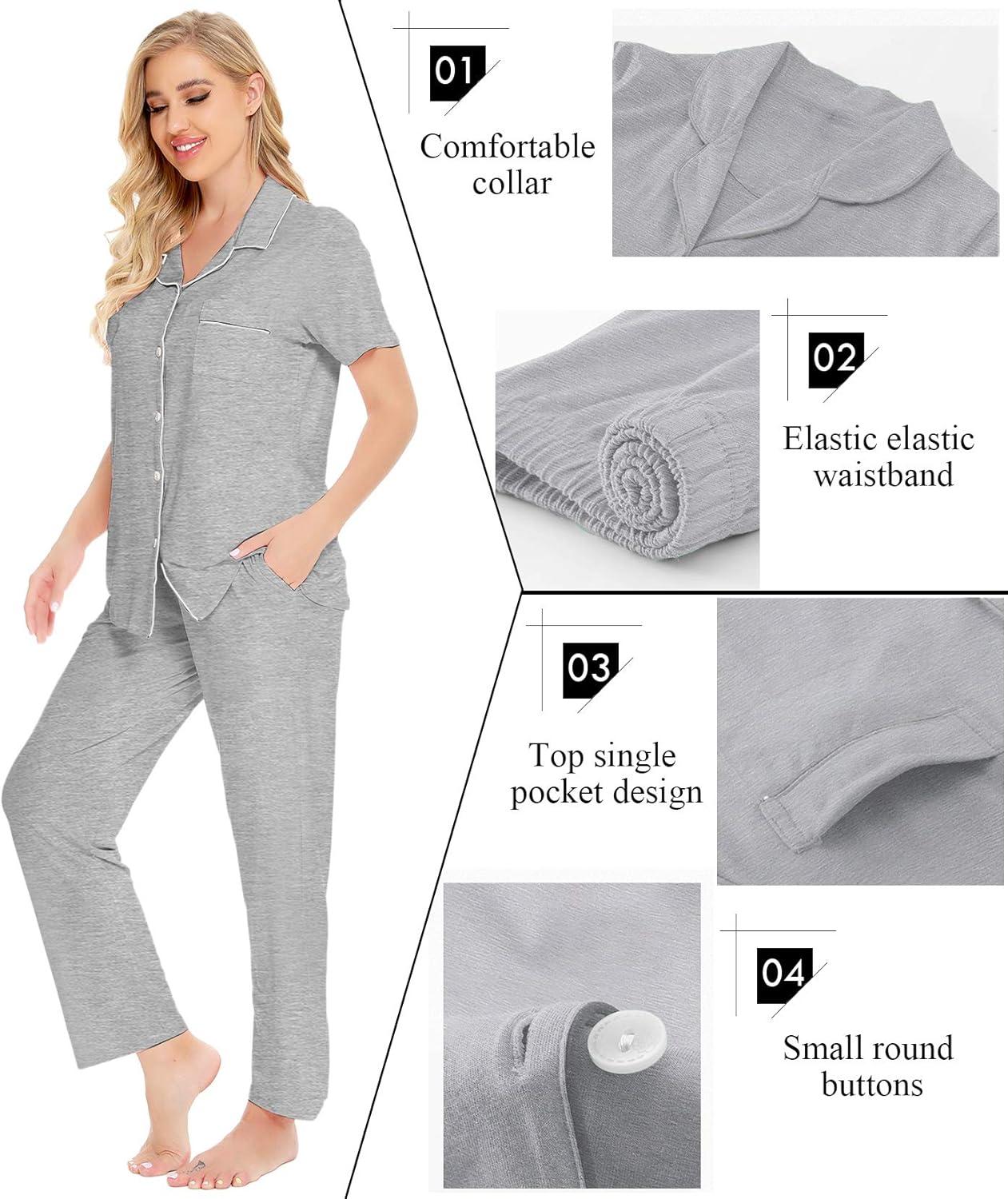 imageSWOMOG Women Pajama Sets TwoPiece Nightwear Short Sleeve Sleepwear Button Down Pj Lounge Sets with Long PantsGray