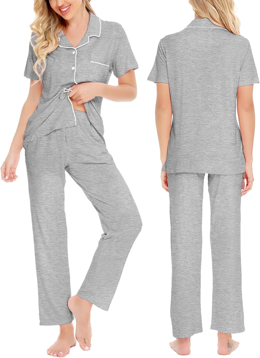 imageSWOMOG Women Pajama Sets TwoPiece Nightwear Short Sleeve Sleepwear Button Down Pj Lounge Sets with Long PantsGray