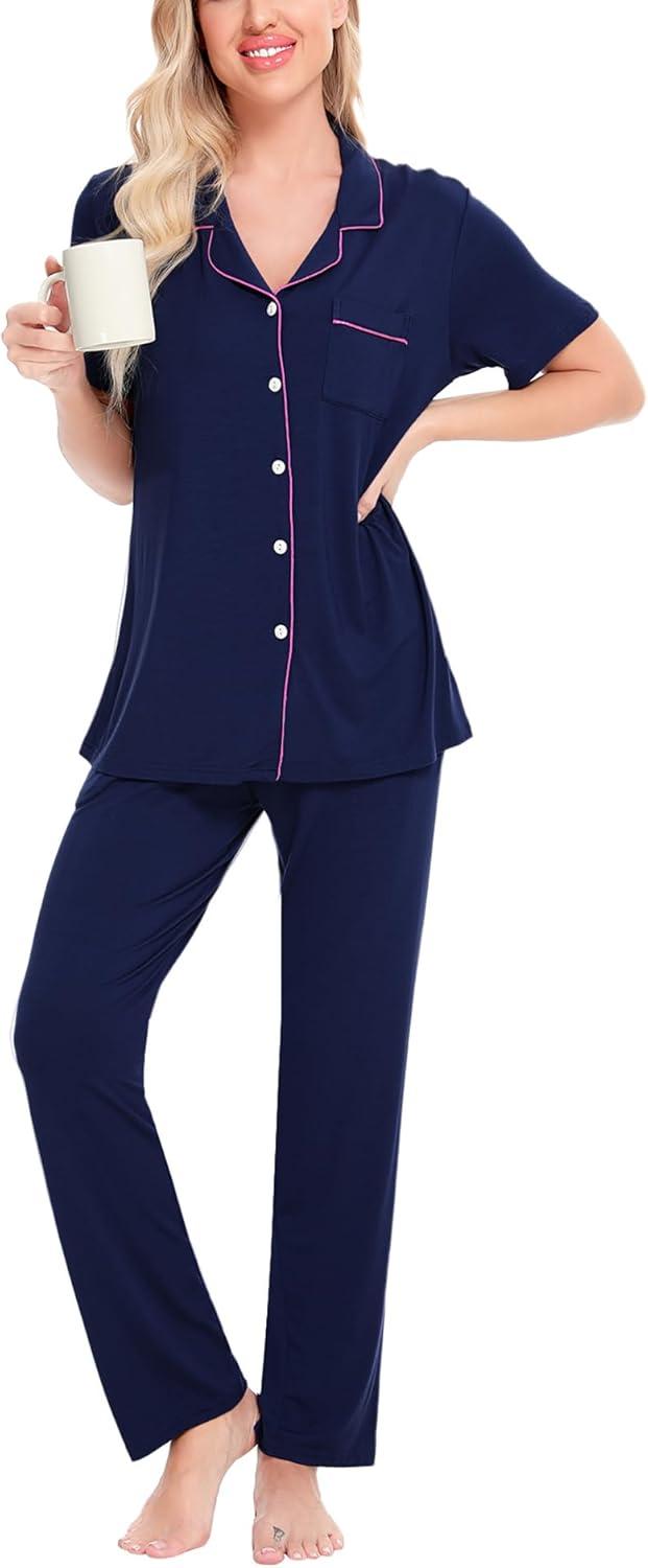 imageSWOMOG Women Pajama Sets TwoPiece Nightwear Short Sleeve Sleepwear Button Down Pj Lounge Sets with Long PantsNavy Blue