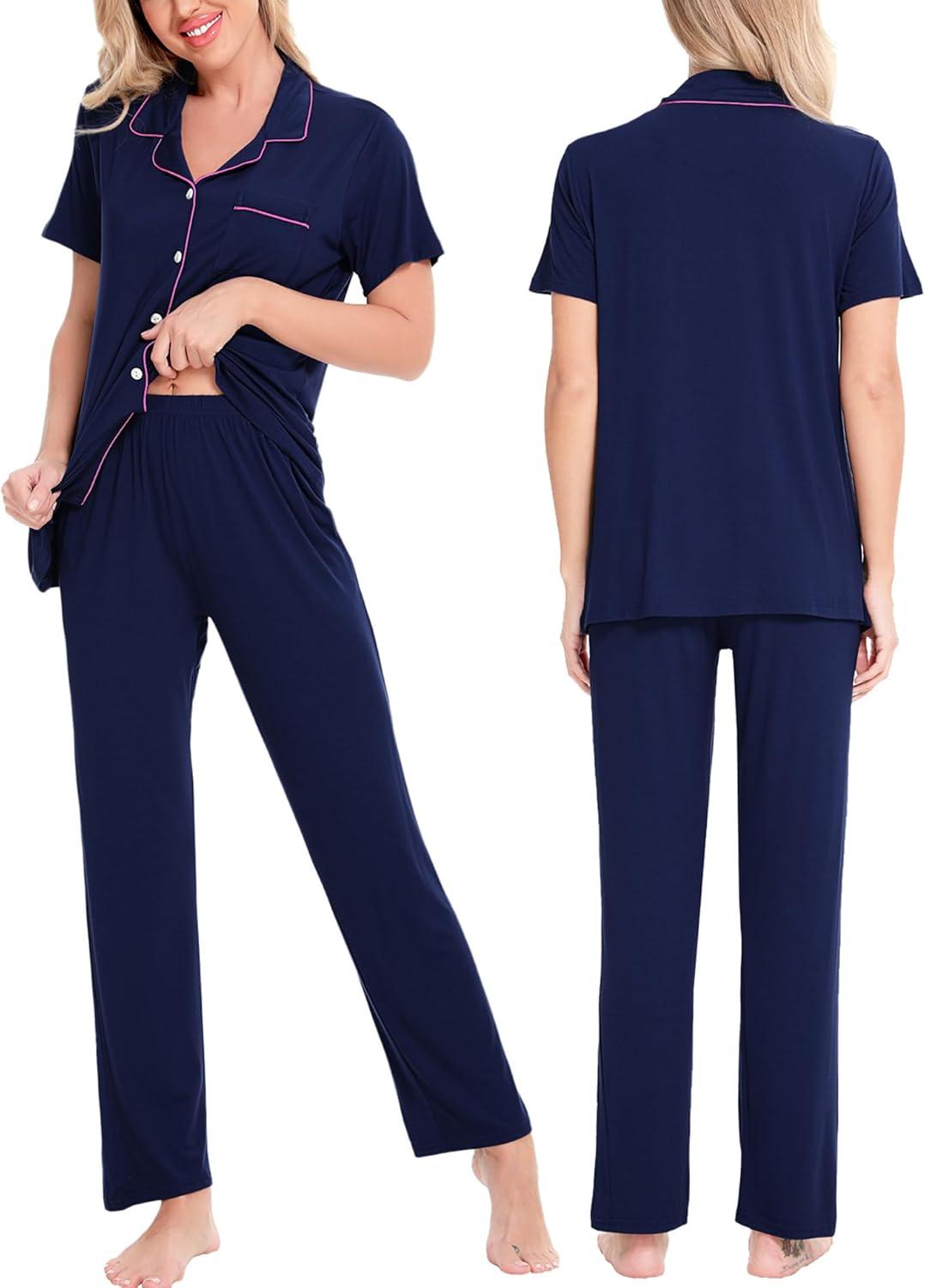 imageSWOMOG Women Pajama Sets TwoPiece Nightwear Short Sleeve Sleepwear Button Down Pj Lounge Sets with Long PantsNavy Blue