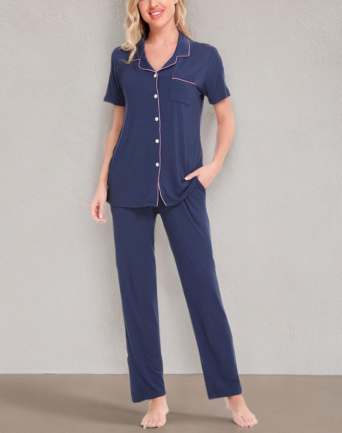 imageSWOMOG Women Pajama Sets TwoPiece Nightwear Short Sleeve Sleepwear Button Down Pj Lounge Sets with Long PantsNavy Blue
