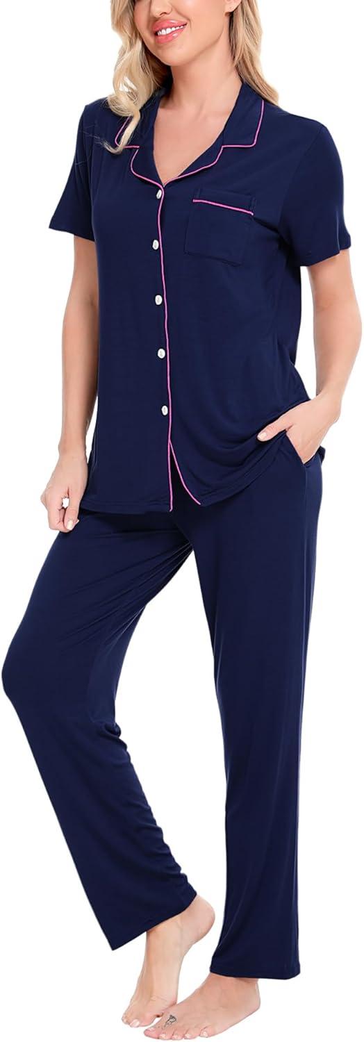 imageSWOMOG Women Pajama Sets TwoPiece Nightwear Short Sleeve Sleepwear Button Down Pj Lounge Sets with Long PantsNavy Blue