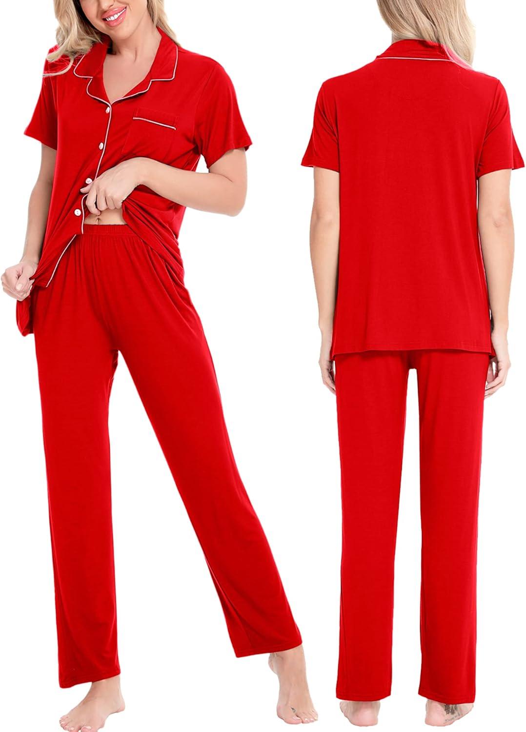 imageSWOMOG Women Pajama Sets TwoPiece Nightwear Short Sleeve Sleepwear Button Down Pj Lounge Sets with Long PantsRed