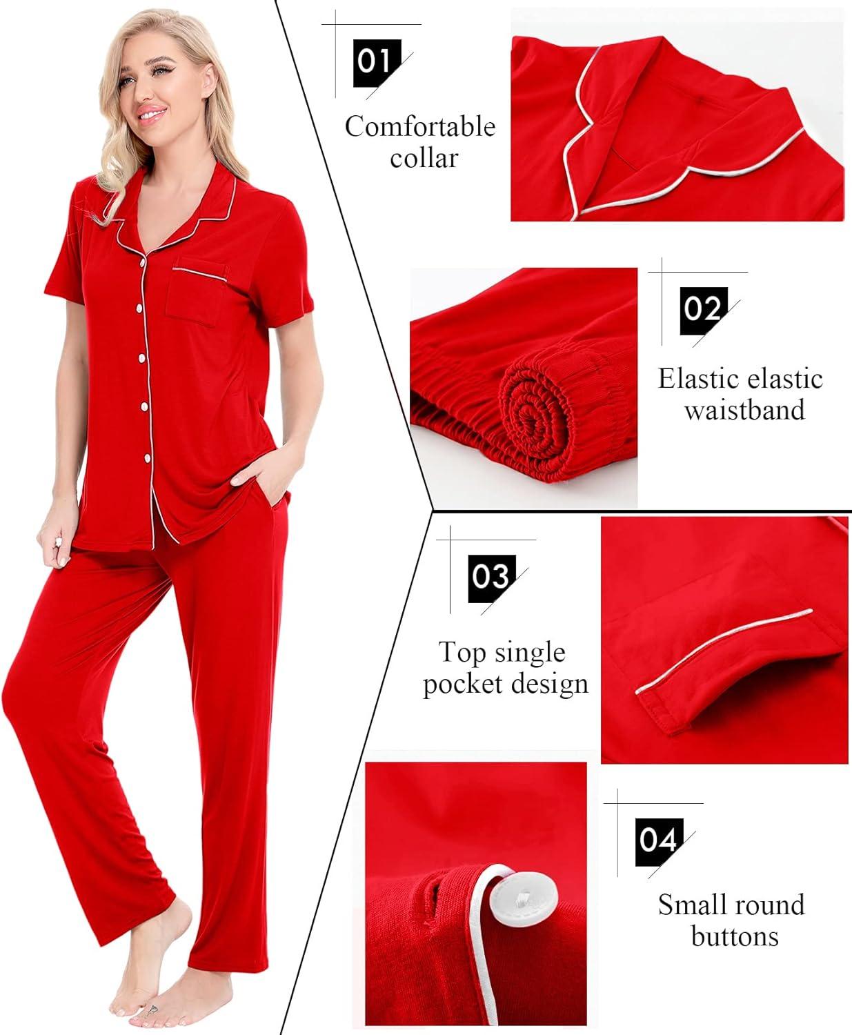 imageSWOMOG Women Pajama Sets TwoPiece Nightwear Short Sleeve Sleepwear Button Down Pj Lounge Sets with Long PantsRed