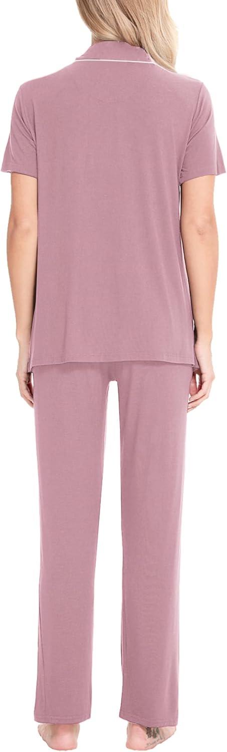 imageSWOMOG Women Pajama Sets TwoPiece Nightwear Short Sleeve Sleepwear Button Down Pj Lounge Sets with Long PantsTaro Purple